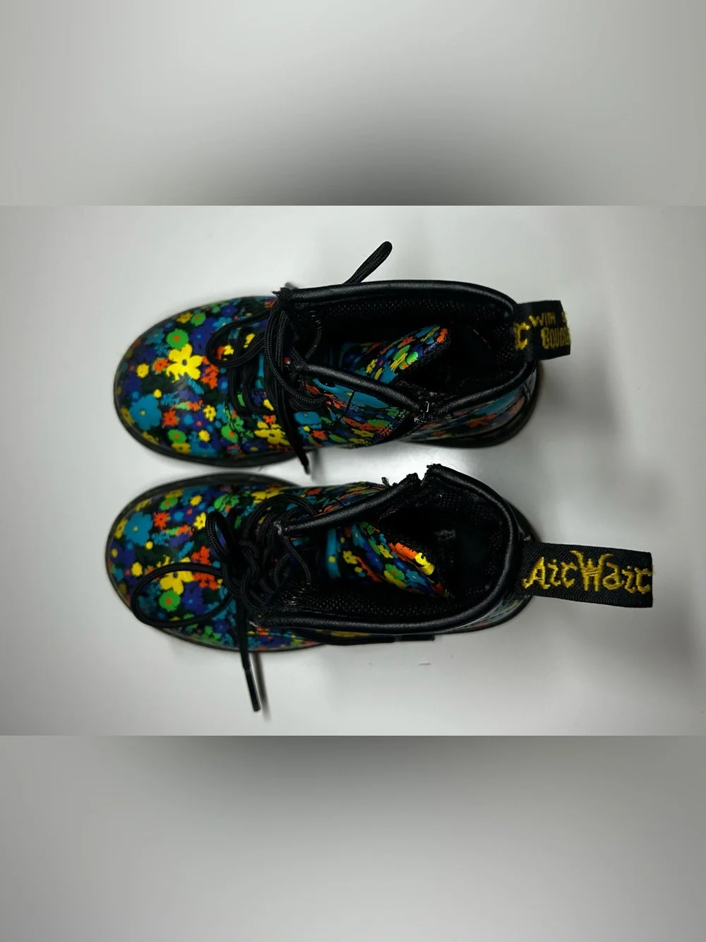 Dr. Martens Kids Floral Combat Boots - Black with Multi-Color Flowers